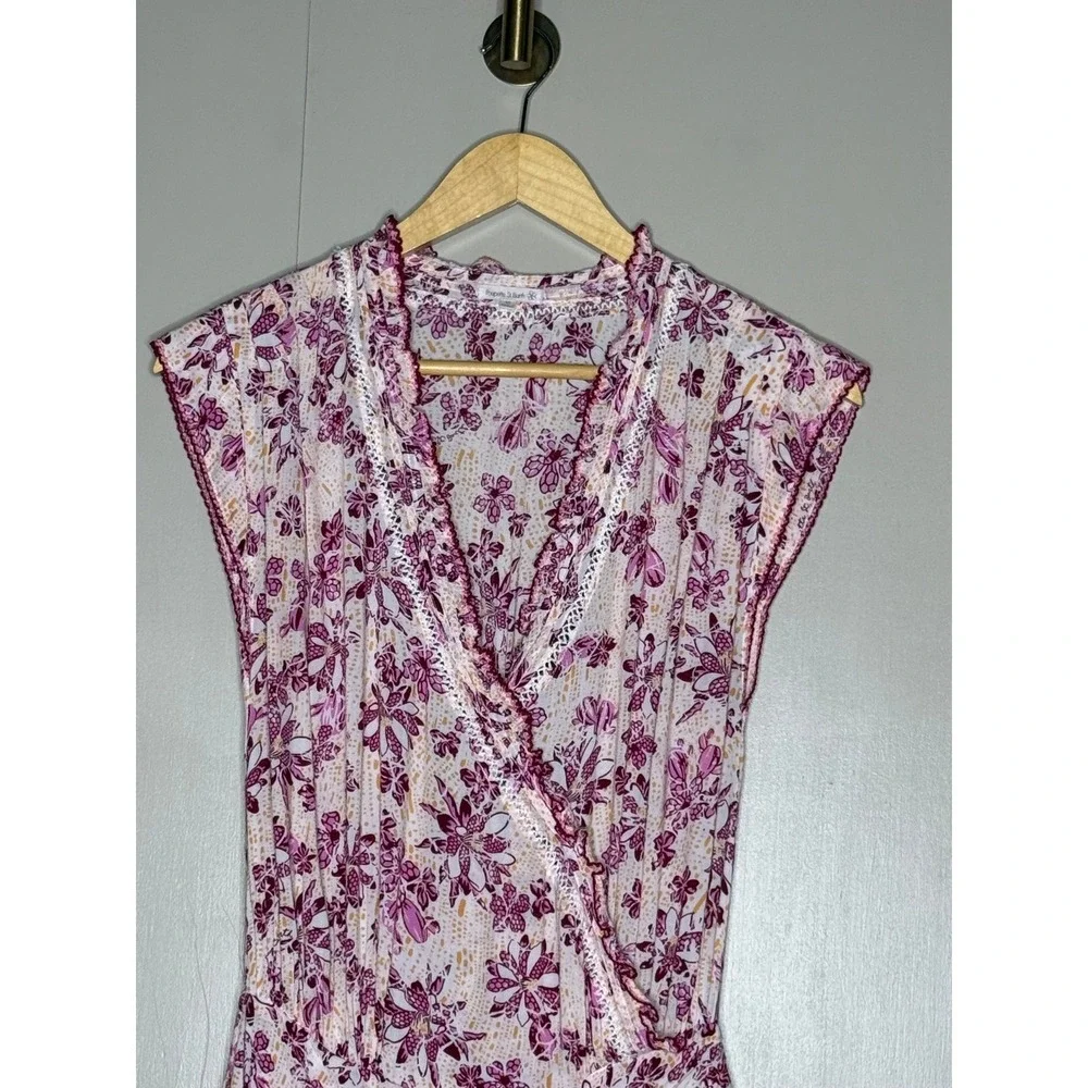 Poupette St Barth Pink Floral Smocked Mini Dress XS Lace Trim Faux Wrap - Picture 2 of 7